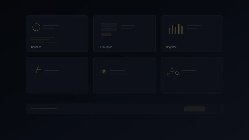 Mockup abstracto de un sistema modular con usuarios, formularios y reportes