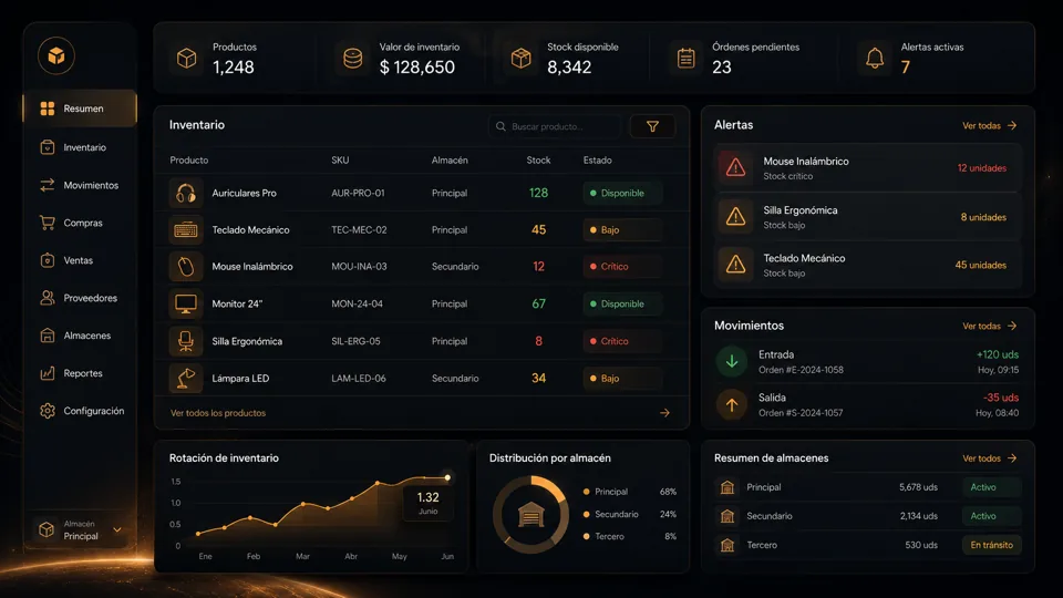 Mockup abstracto de un panel de inventario con alertas y movimientos